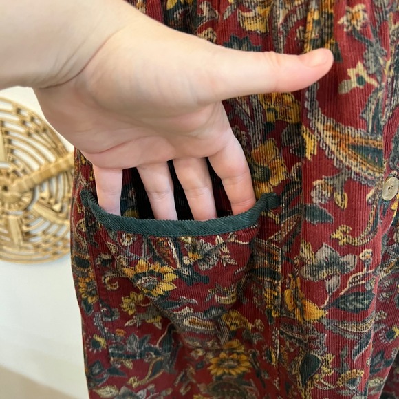 Vintage ERIKA Classics 100% Cotton Floral Corduroy Pinafore Dress Cottage Boho L - Picture 4 of 10